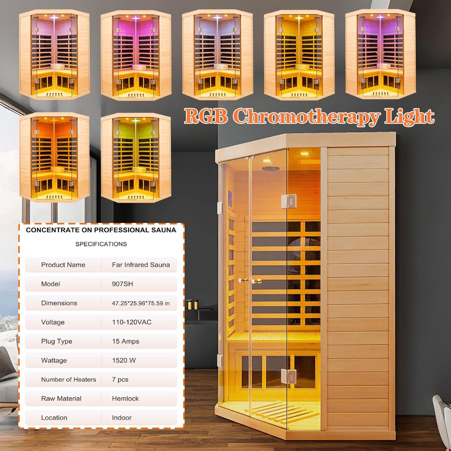 Smart Indoor Sauna 2-3 Person, 0-5mG Ultra Low Emf Far Infrared Sauna for Home, 1520w Hemlock Wooden Sauna Room with APP & LCD Control Panel, Bluetooth Speaker, Chromotherapy Lights, Thermal Cover
