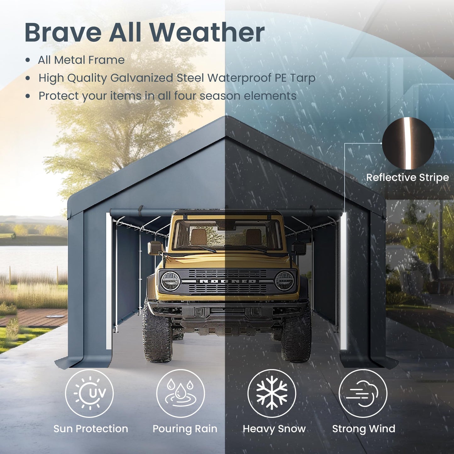 PHI VILLA Portable Garage Carport,13x24ft Car Tent Shed Carports canopy Outside Storage Tents Shelter, Heavy Duty Garages Shelters Waterproof UV Resistant with Rollup Zipper Doors for Cars,Boats,Tools