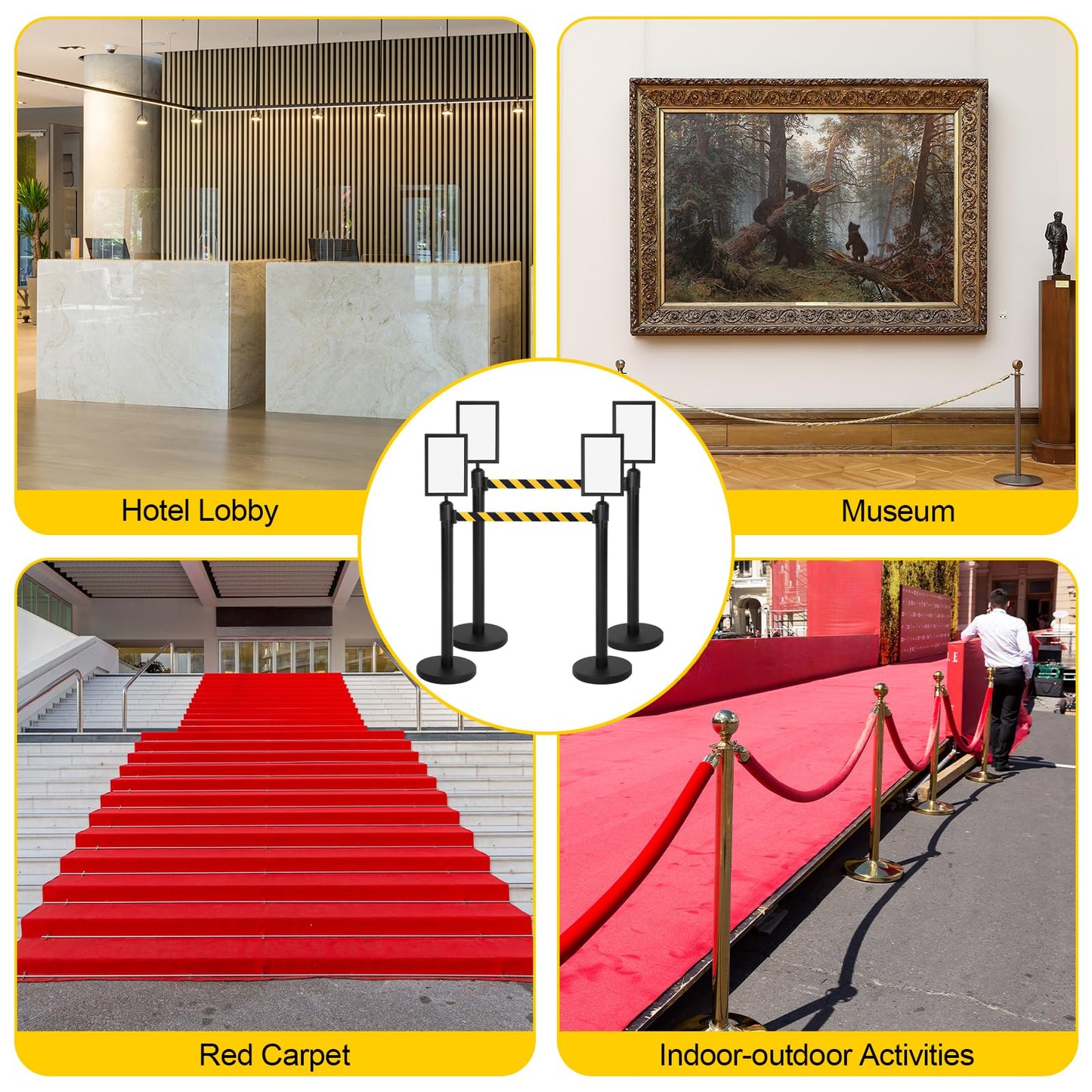 Therwen 8 Pcs Stanchions with 8.2 ft Retractable Belt Black Crowd Control Stanchions Set and Stanchion Post Sign Easy to Assemble Line Dividers Queue Ropes for Theaters, Weddings, Exhibitions