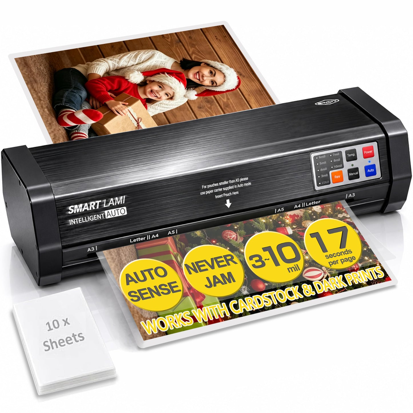 SINCHI Auto Sense 13" Heavy-Duty Laminator for Business & School, 3–10 Mil, 50s Warm-Up, 17s/Sheet, Works with Cardstock & Dark Prints, Never-Jam, Laminates 11x17, Includes 10 Sheets