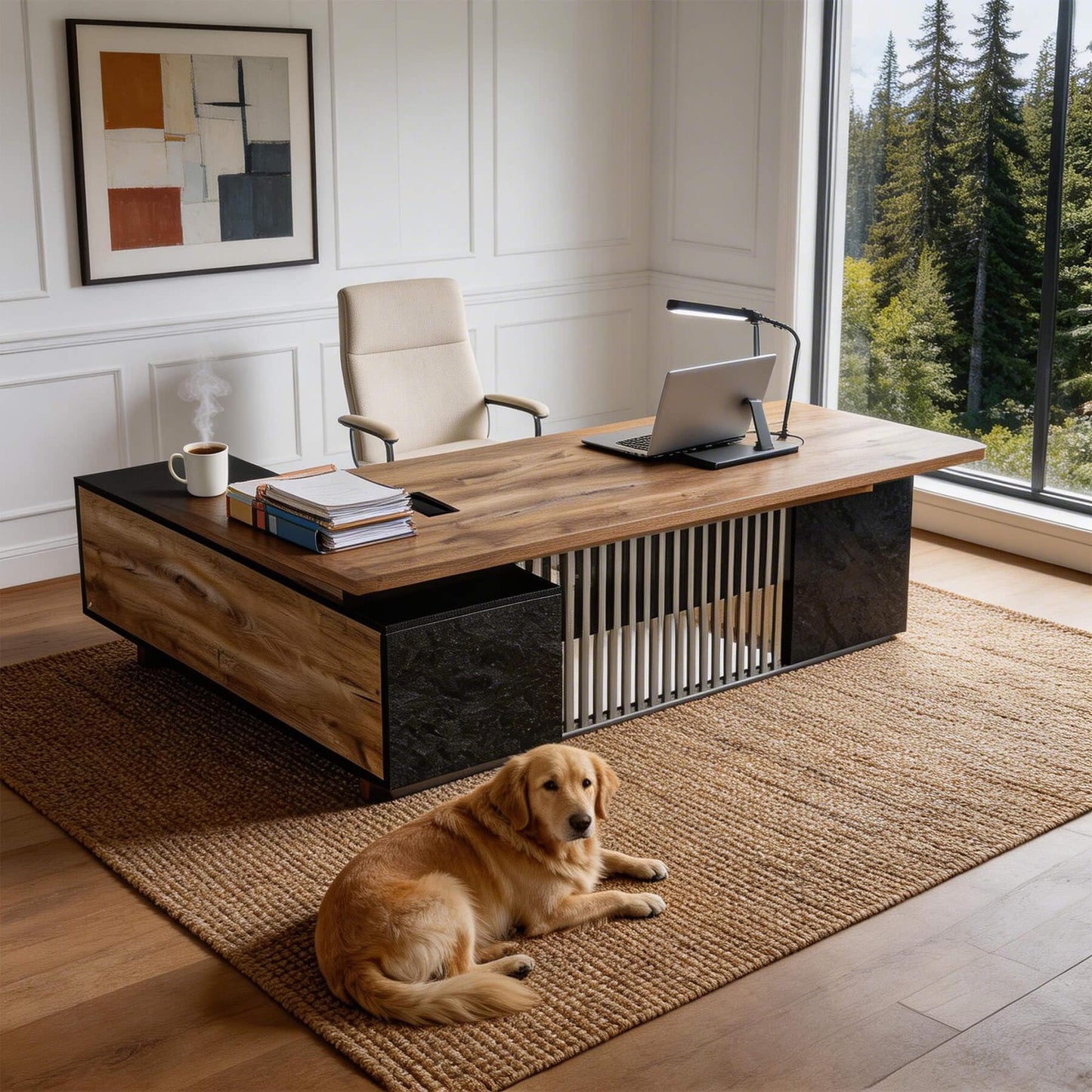 ONNAHOMEStlyle Executive Desk with Privacy Panel, Large Office Desk for Small Business, Computer Desk with Drawers & Storage Cabinets, Thick One-Piece Tabletop (Right Return, 70.86")