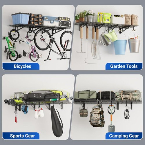 FLEXIMOUNTS 4-Pack Flat Hook Storage Accessories - Max 50lbs Capacity for Garage Ceiling Racks | Black