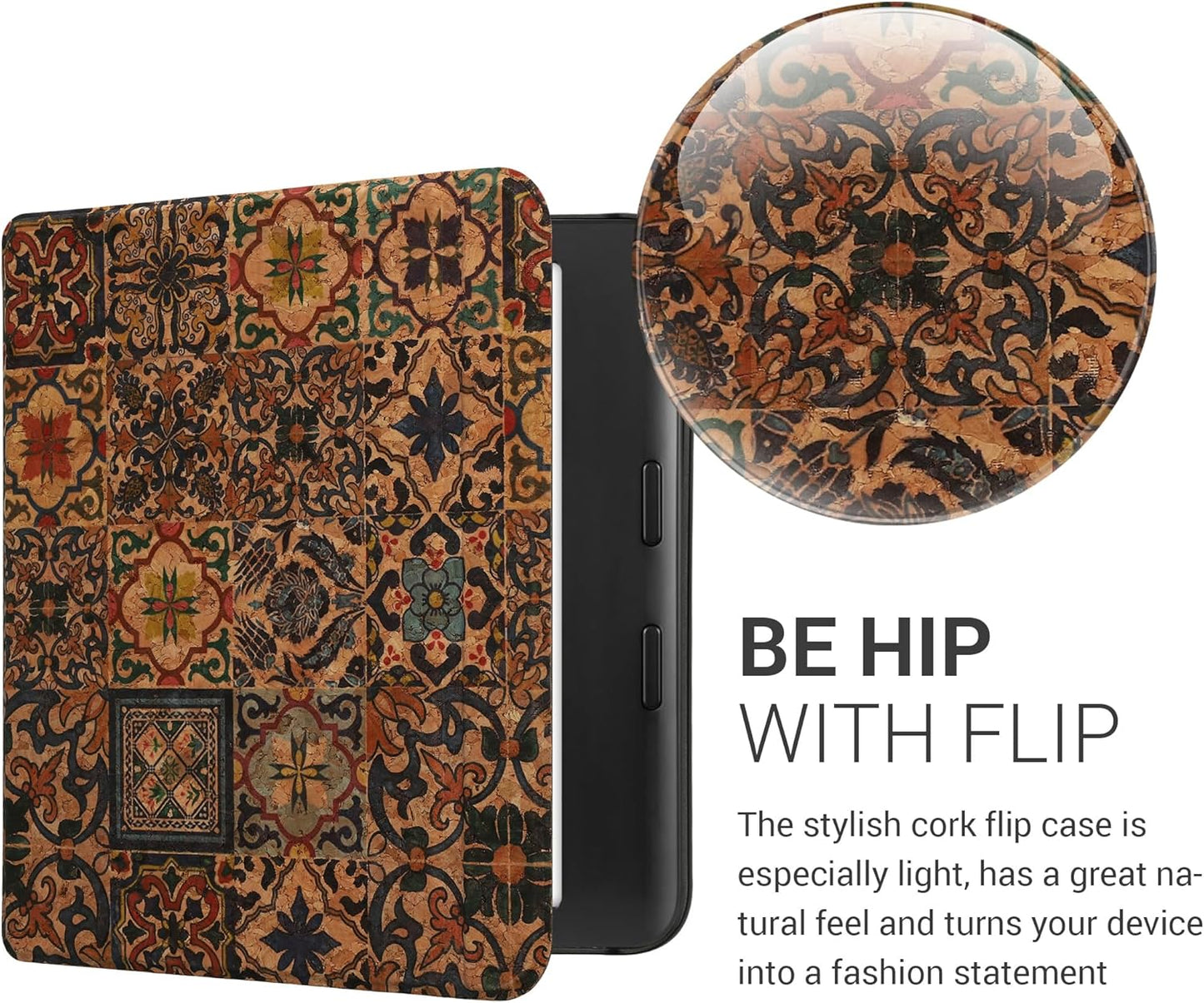 kwmobile Cork Case Compatible with Kobo Libra Colour - Book Style Protective e-Reader Flip Cover Folio Case - Pattern