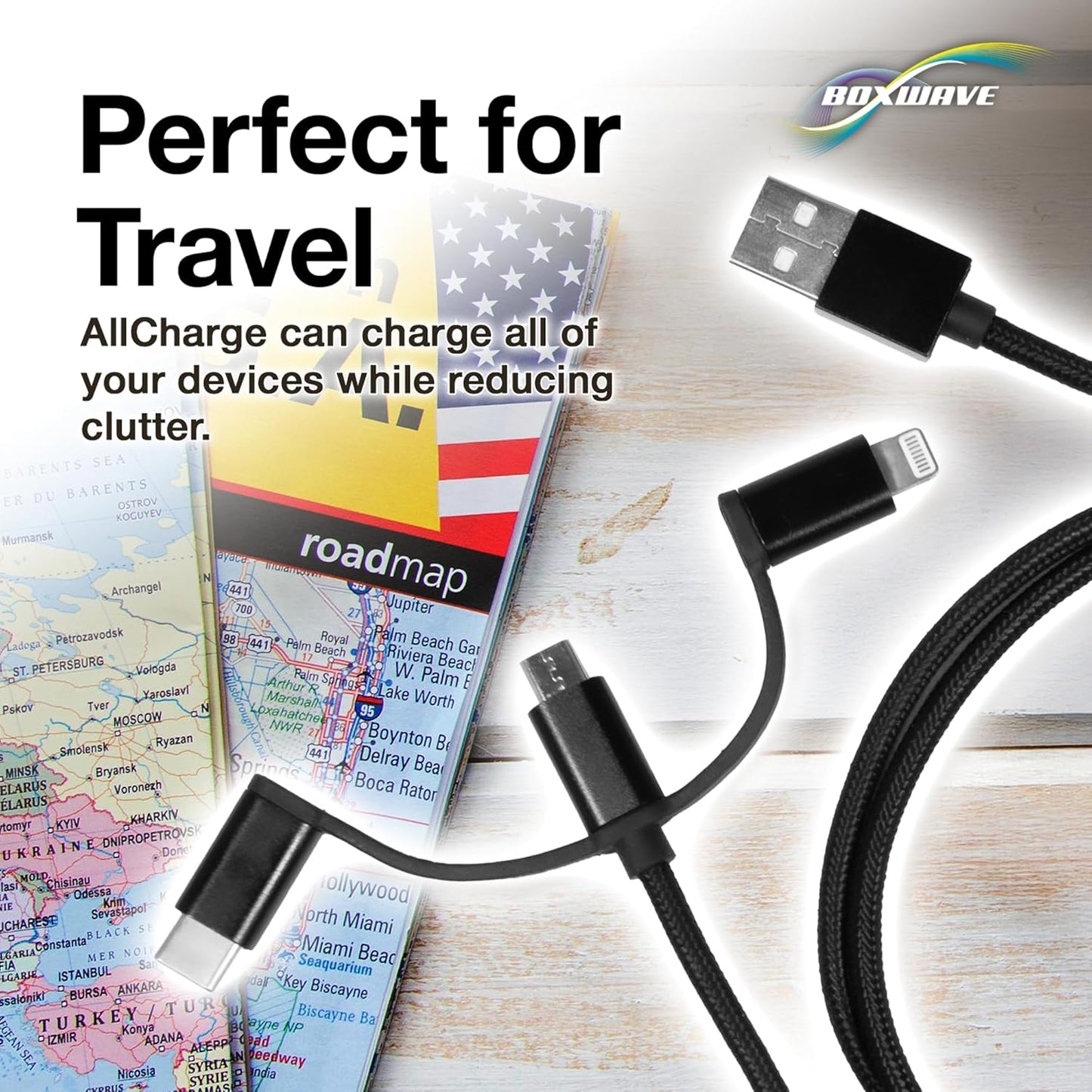 BoxWave Mp3 (1.8 3-in-1 Cable Compatible with Gracioso Player in) - AllCharge Cable - Jet Black