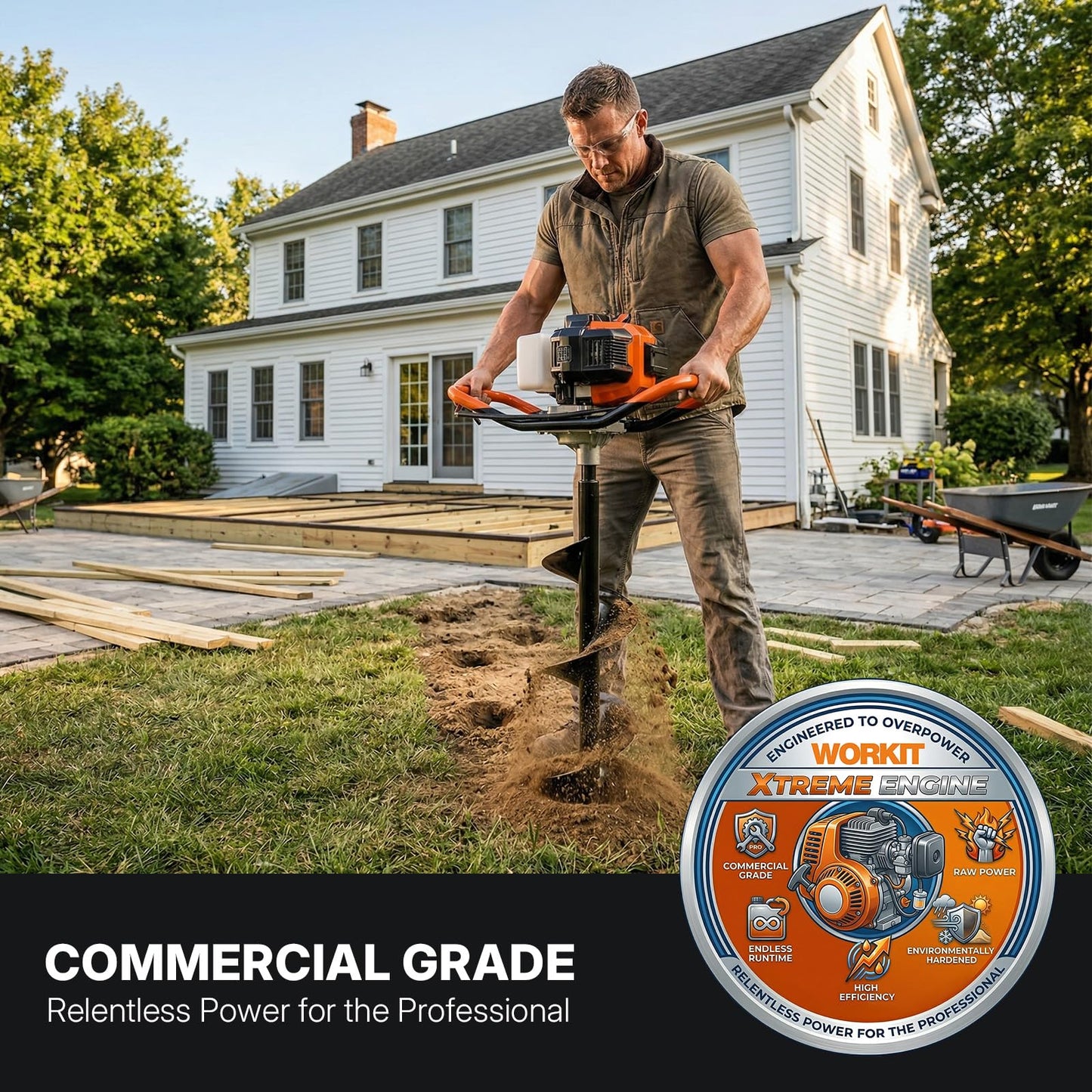WORKIT 52CC Post Hole Digger, Auger Post Hole Digger Easy Start, 2-Cycle Xtreme Engine, Gas Powered Earth Auger with 6"+10" Auger Drill Bit, 10"+20"+30" Extension Rods, EPA Certification