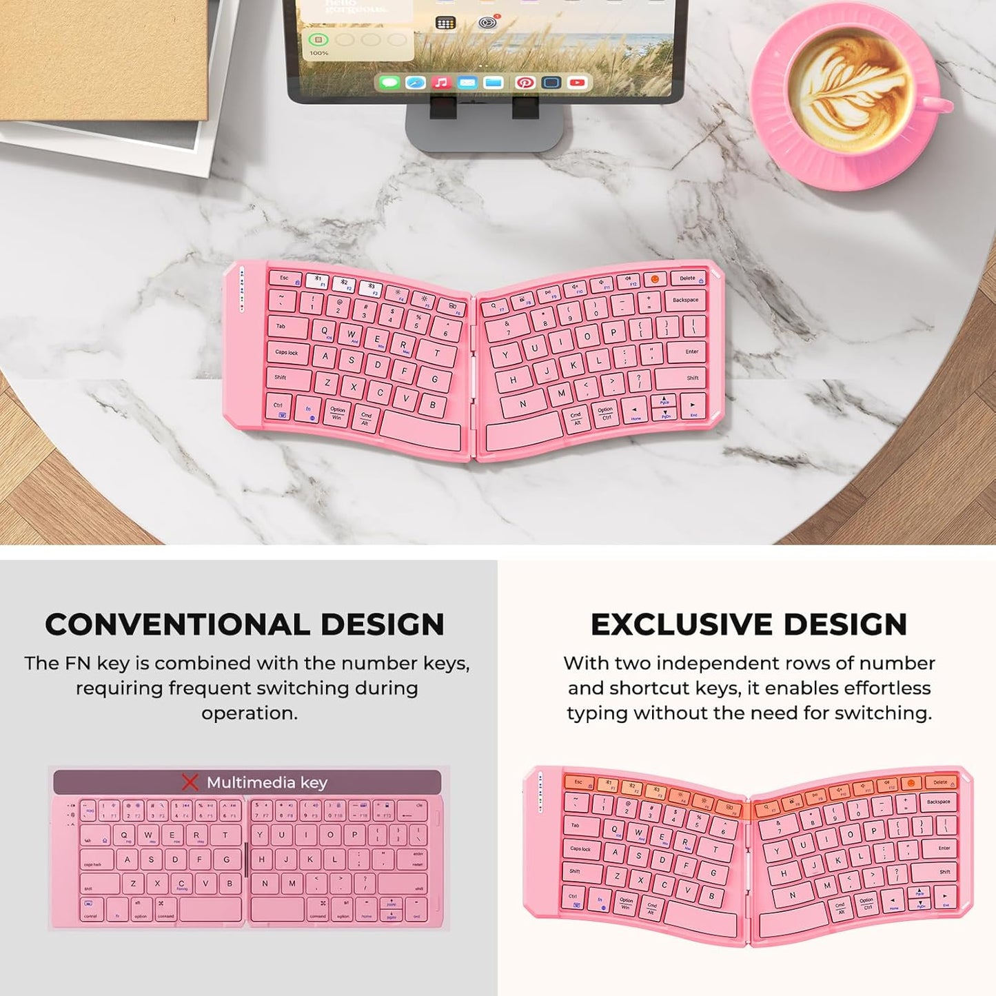 MEETION New Ergonomic Bluetooth Foldable Keyboard, Split Compact Portable Wireless Keyboard for Business Travel