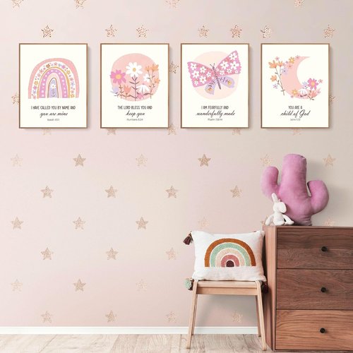 LARTSFRO Kids Bible Wall Art - Inspirational Pink Flower Prints for Nursery | Set of 4 Unframed 10x8 Inch Decor
