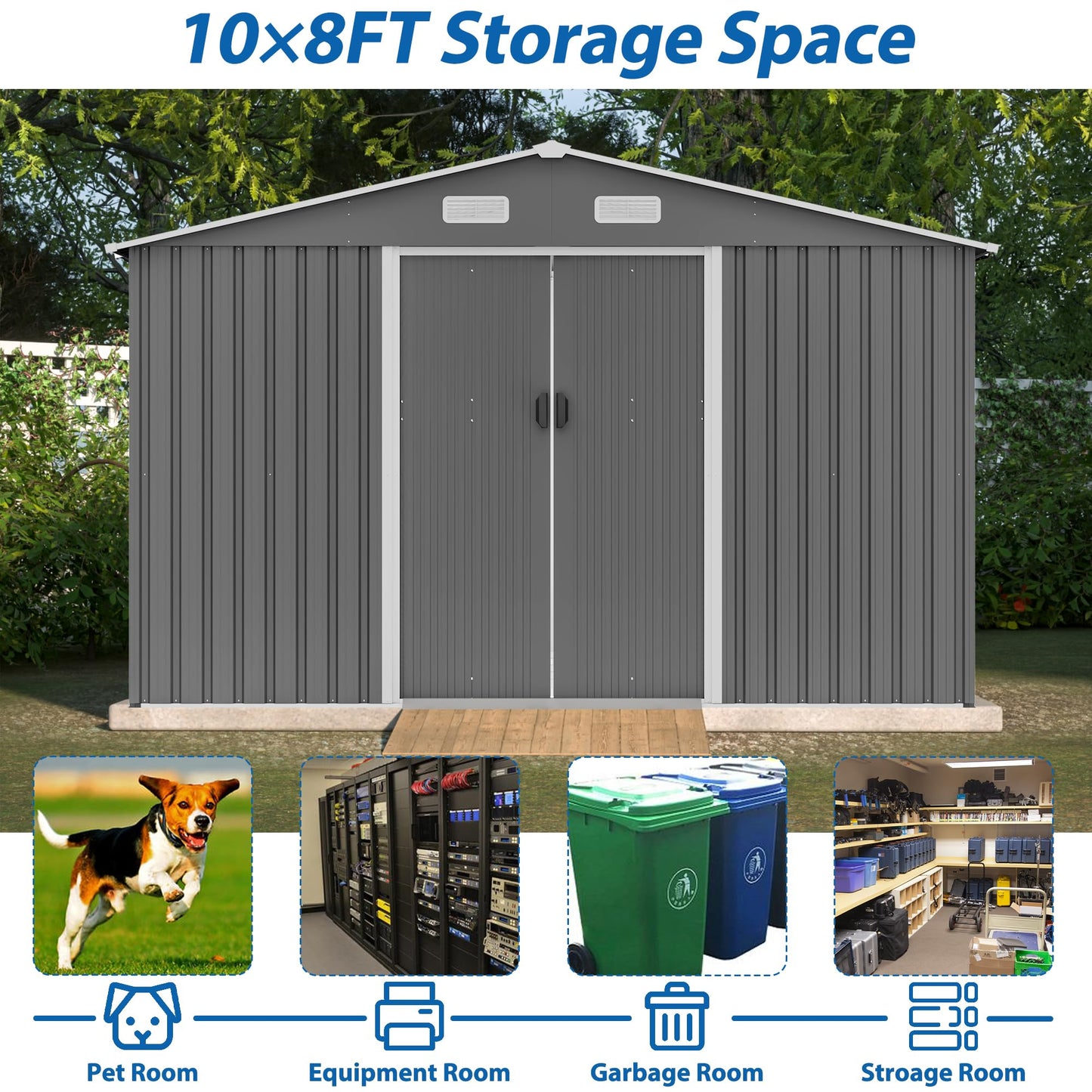 10'x8' Galvanized Steel Outdoor Storage Shed with Top Air Vents, Lockable Sliding Double Door Large Garden Tool Organizer, Gray