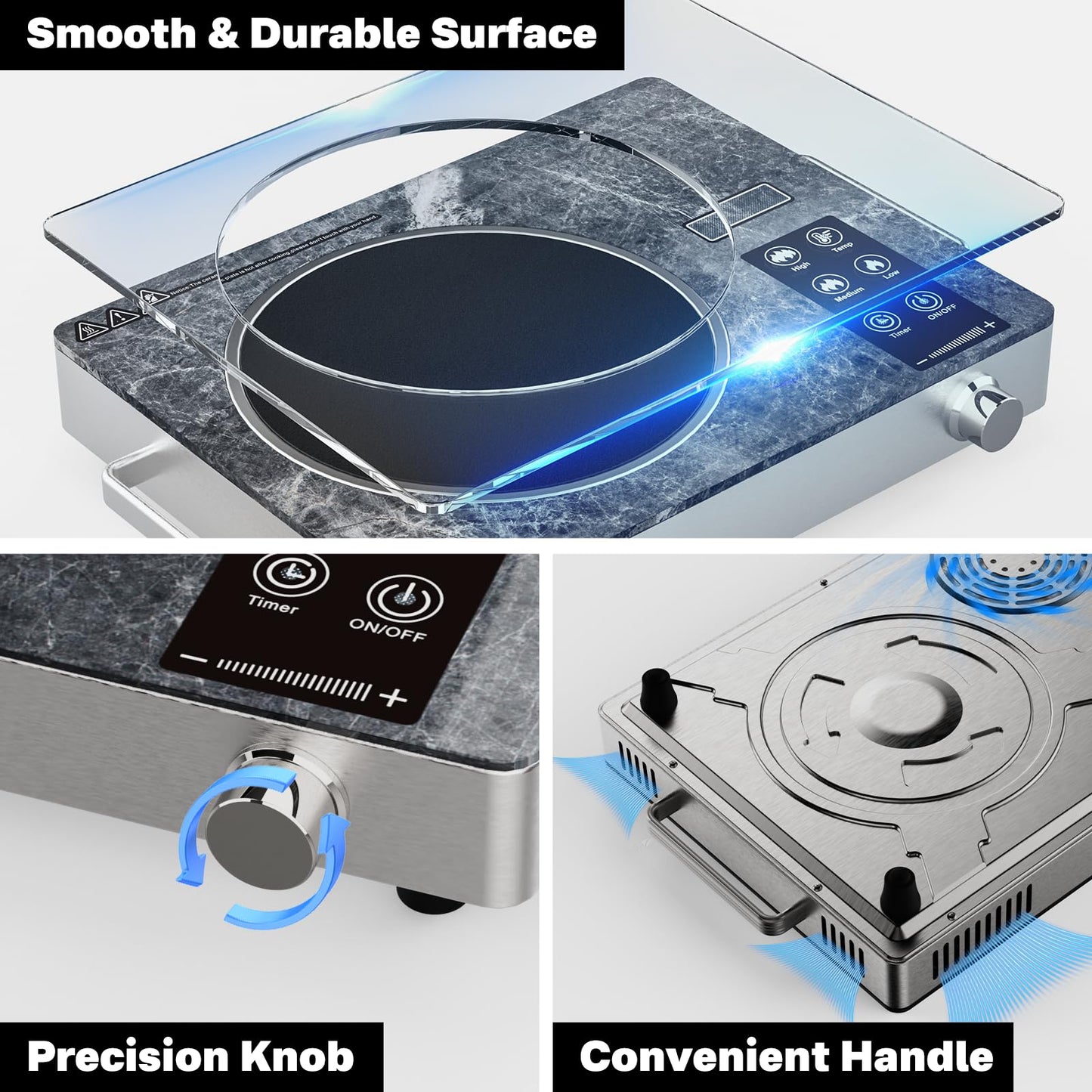 GRACEALL Single Burner Electric Cooktop, Portable Infrared Hot Plate, Countertop Electric Stove, Touch & Knob Control, Temperature Adjustable, Portable-Marble