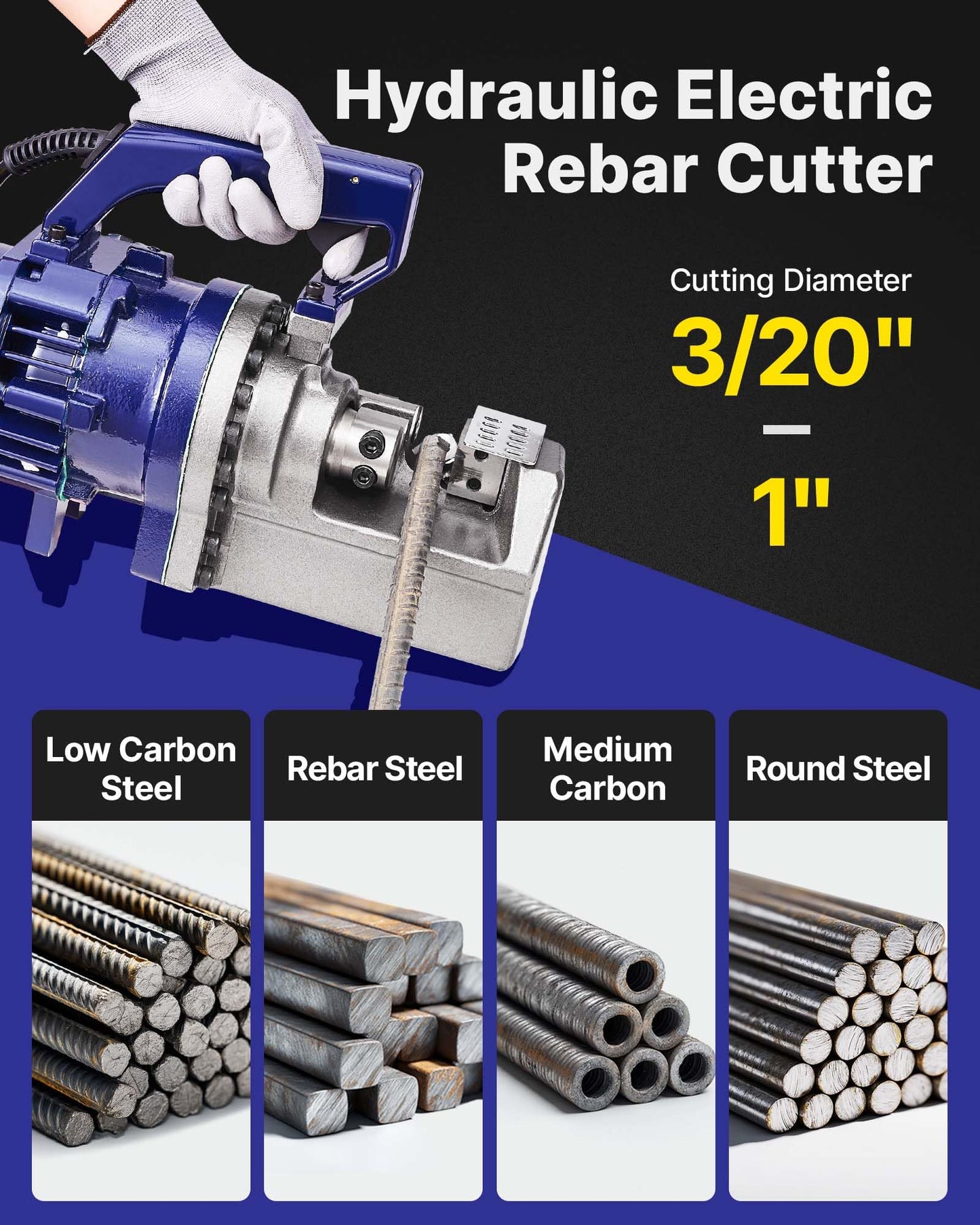 VEVOR Electric Hydraulic Rebar Cutter 1700W 110V - Portable, Cuts #8 4-25mm Rebar in 5 Seconds, with Stainless Steel Carry Case