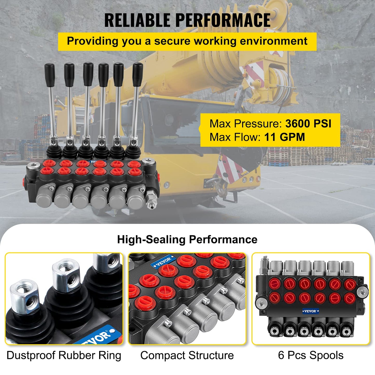 VEVOR Hydraulic Directional Control Valve, 6 Spool Hydraulic Spool Valve, 11 GPM Hydraulic Loader Valve, 3600 PSI Directional Control Valve, Hydraulic Valves and Controls for Tractors Loaders Tanks
