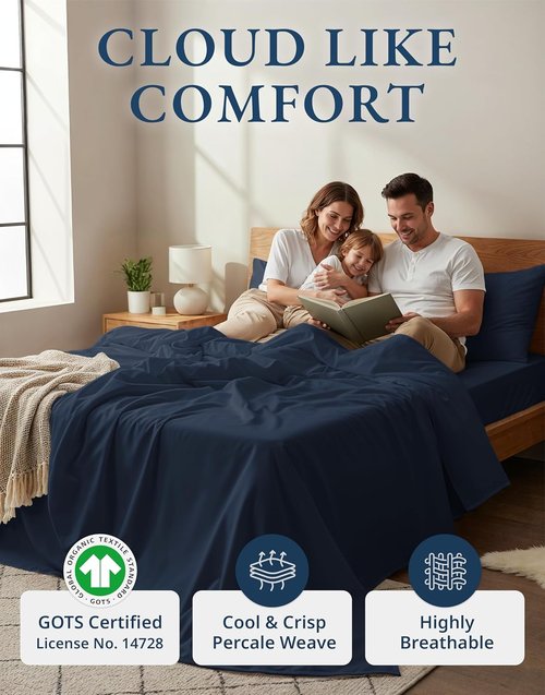 LANE LINEN Eco-Friendly 100% Organic Cotton Full Sheet Set - Soft, Fade-Resistant, Naturally Cooling, Navy