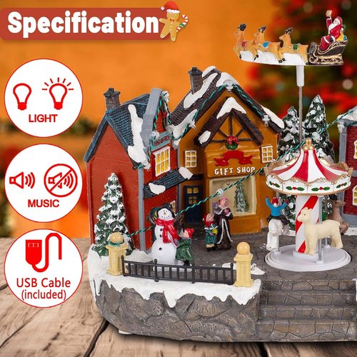 Animated Christmas Village Scene - Santa Sleigh, LED Lights & Rotating Carousel | Musical Holiday Town Square Display