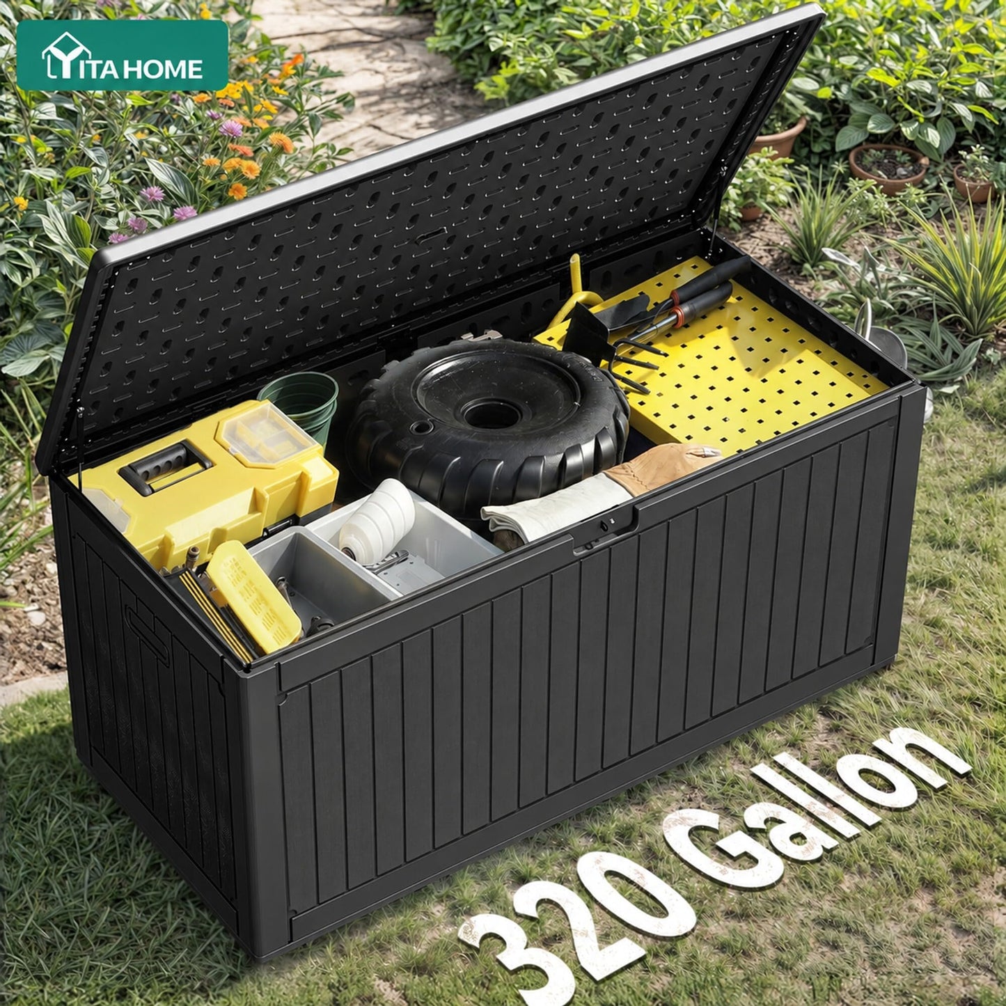 YITAHOME 320 Gallon Large Deck Box with Divider & Side Handles, Outdoor Double-Wall Storage for Patio Furniture Cushions, Garden Pool Accessories, Water Resistant & Lockable