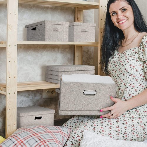 Graciadeco Large Collapsible Storage Bins - Stackable Beige Linen Fabric Boxes | 3-Pack (16.6 x 11.7 x 10.8)