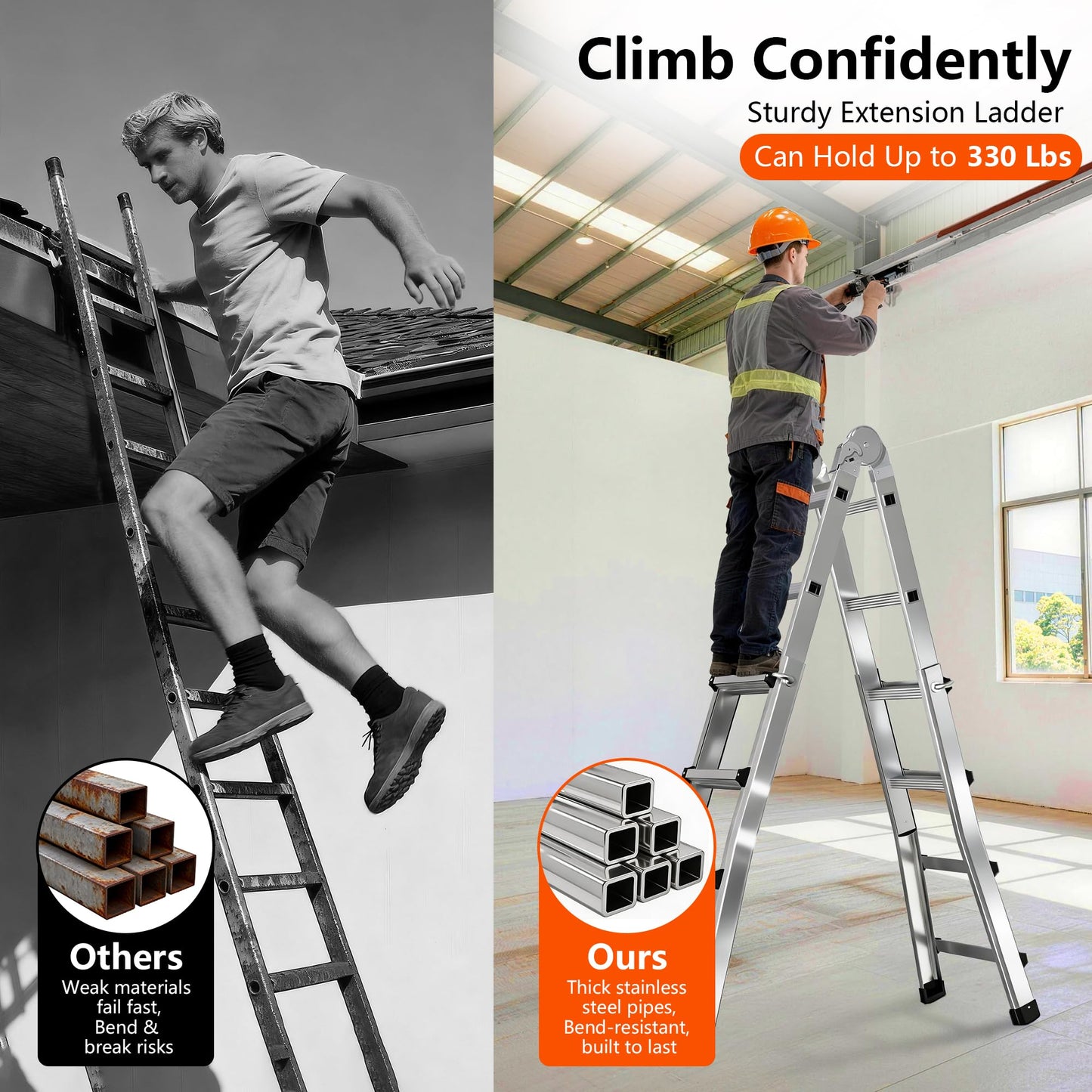Telescoping A Frame Ladder Extension Ladders for Outdoor Home Use, Multi Position Ladders Adjustable Ladder for Stairs, Indoor, Roof and Rv Use, Steel, 330 Lbs Capacity