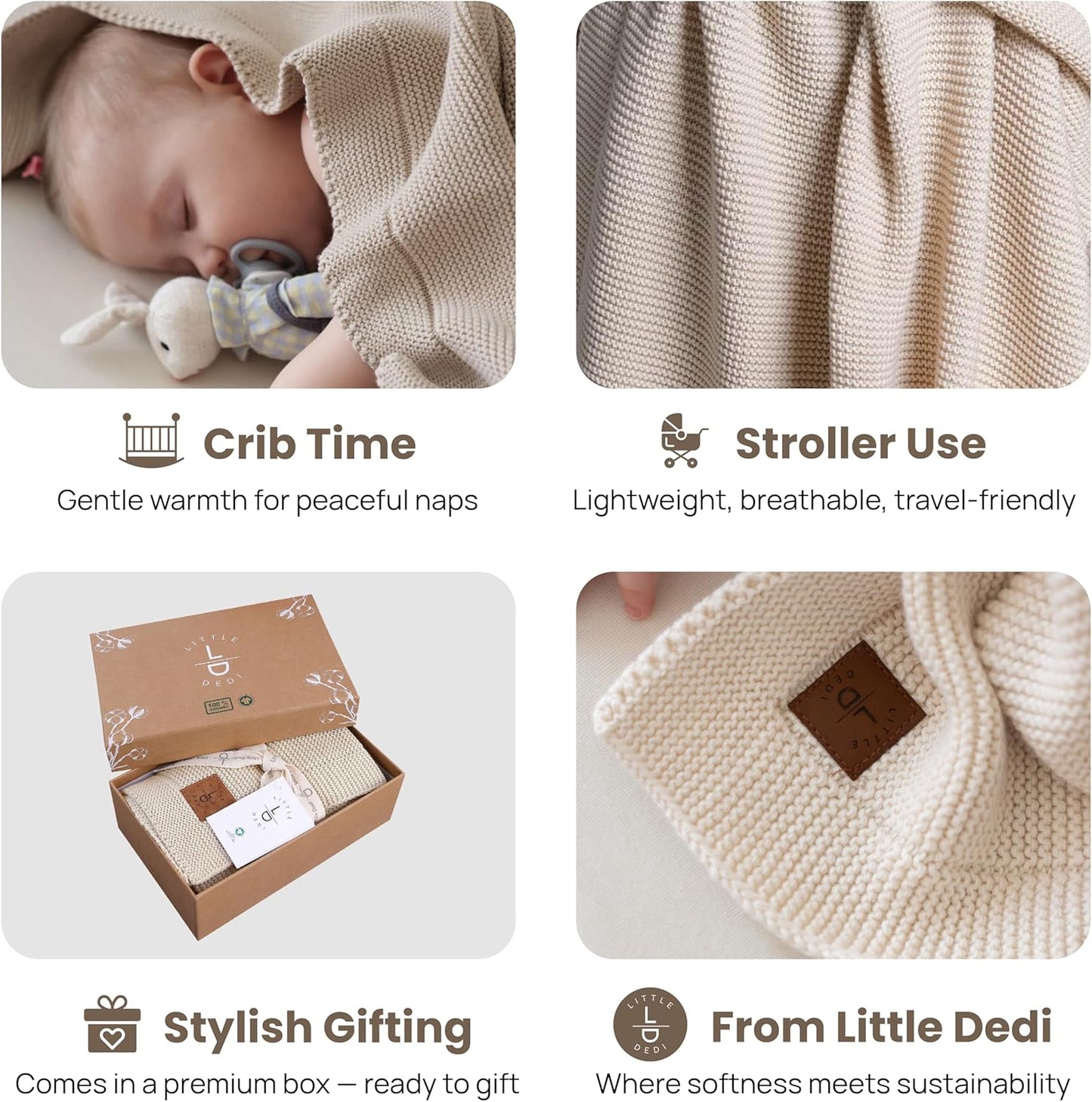 Organic Cotton Baby Blanket by [Brand Name] - Soft Knitted Swaddle for Newborns | Gift Box Included, 30"x40", Stone