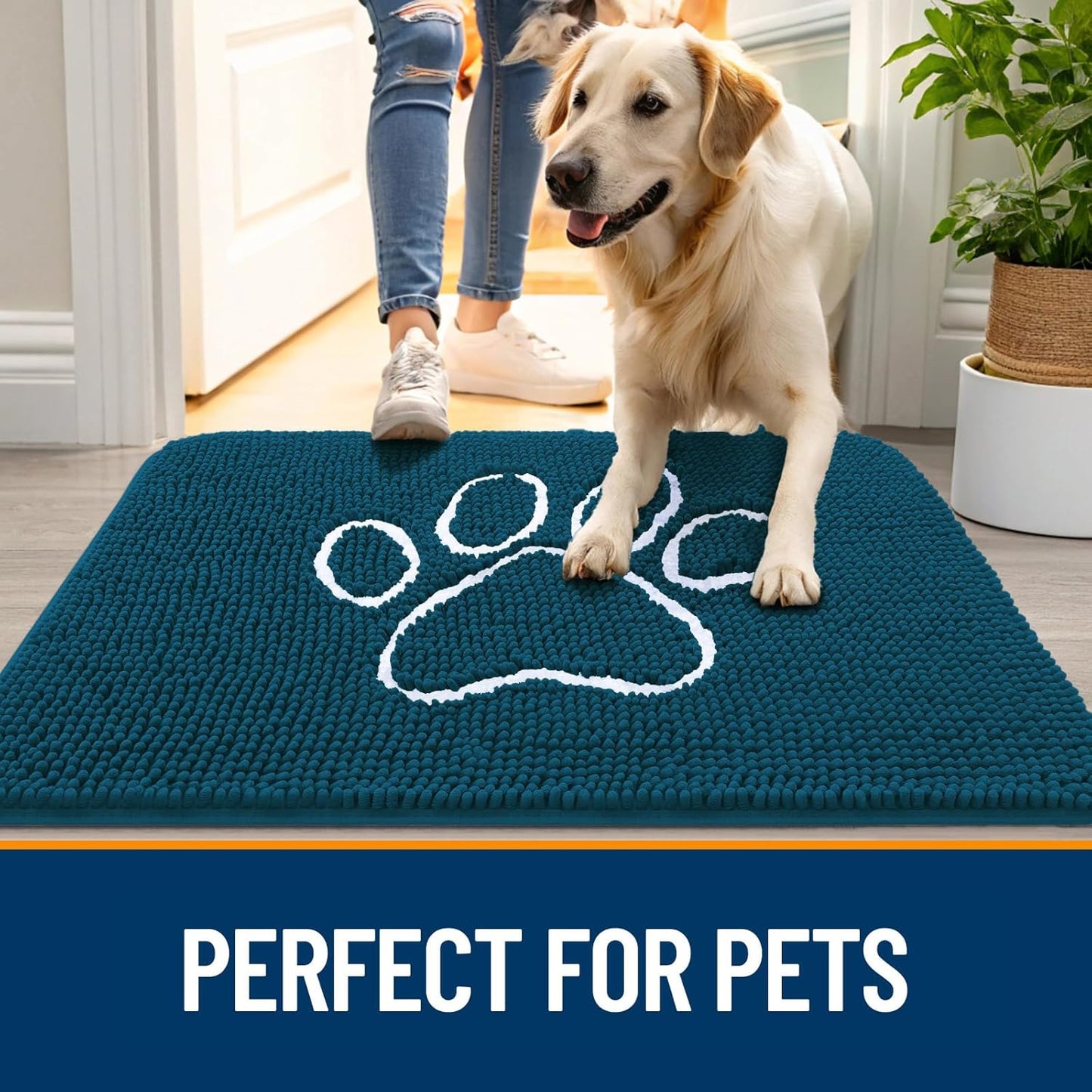 OLANLY Dog Door Mat - Absorbent Non-Slip Mud Mat for Muddy Paws | 47x32, Atlantic Blue, Quick Dry Chenille