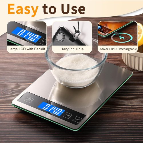 33lb Digital Kitchen Scale by [Brand Name] - USB Rechargeable, Stainless Steel & Glass, Precise 1g Weighing