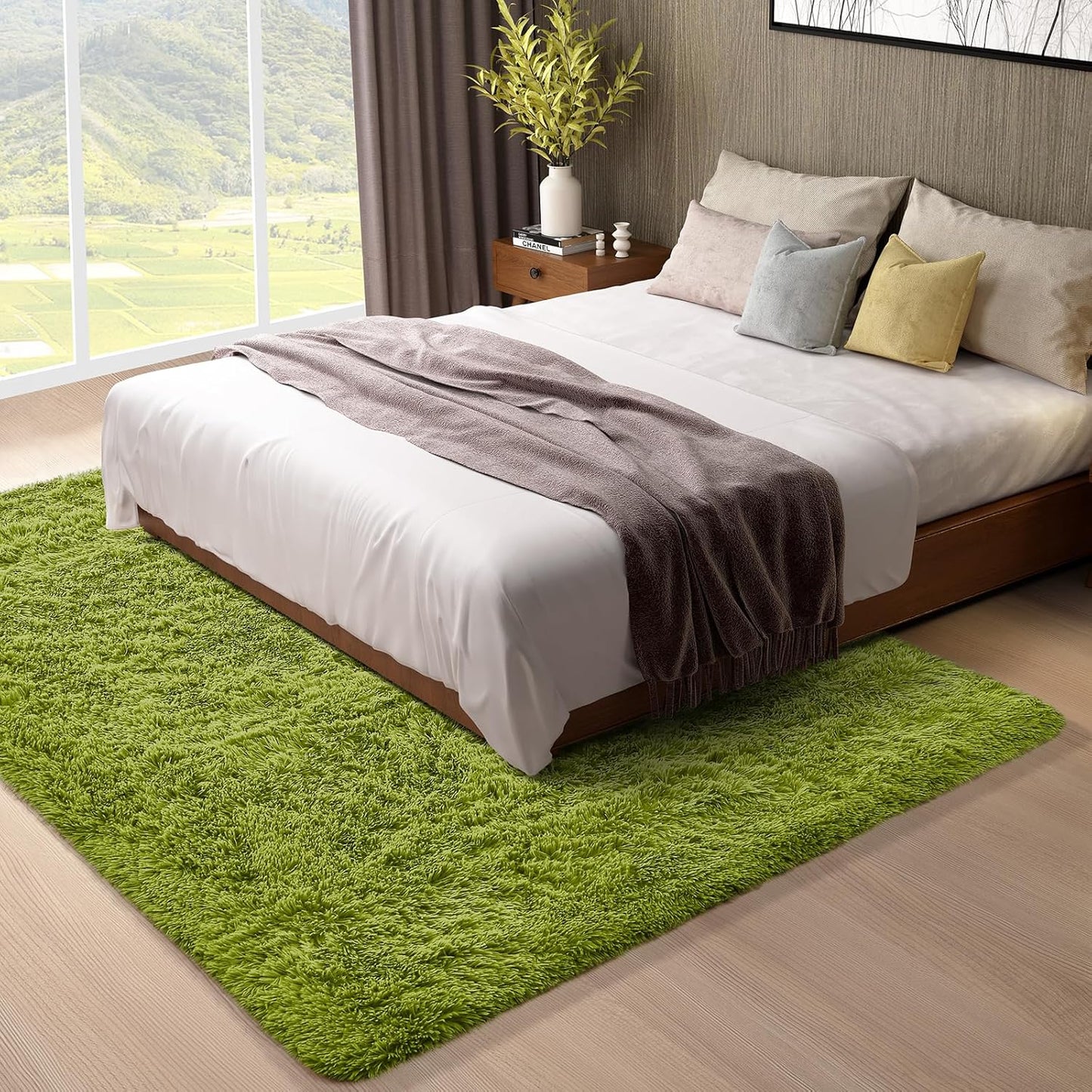 Ophanie Green Area Rug - Soft Fluffy Shag Carpet for Living Room & Bedroom | 5x8 Size