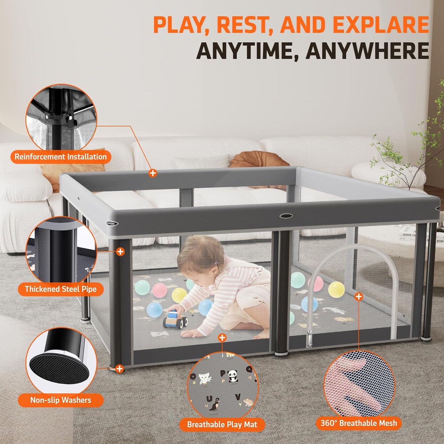 Skiennix Foldable Baby Playpen - 50" x 50" Collapsible Playard for Indoor & Outdoor Use | Includes Travel Pack & 30 Ocean Balls