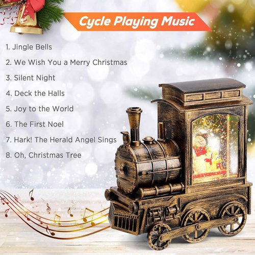 IPOW Christmas Snow Globe Lantern - Musical & Lighted Train with Glitter | USB & Battery Operated, 6-Hour Timer, Snowman Scene