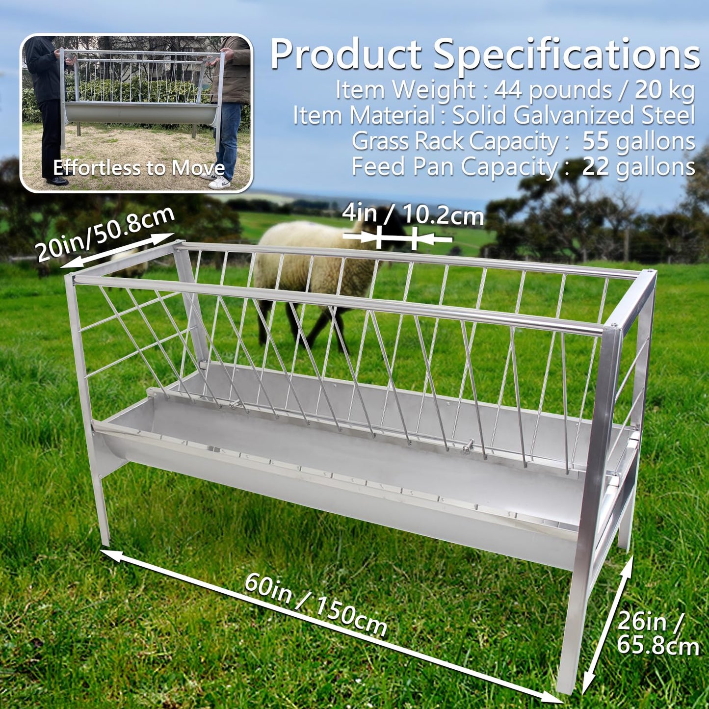BUYYAH Stainless Steel Pasture Feeder, 5-Feet, 77 Gallon Capacity Livestock Feeder with Deeper Feeding Pan, Easy to Assemble and Carry, Feeding Goats, Sheep and Ponies, for Farms, Sheep Sheds