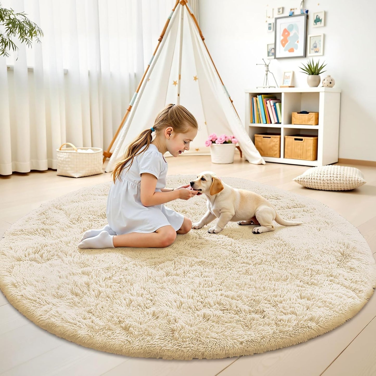 OLANLY Cream Round Area Rug - Soft, Fluffy, Machine Washable 8 ft Circle Carpet for Bedroom & Living Room Decor