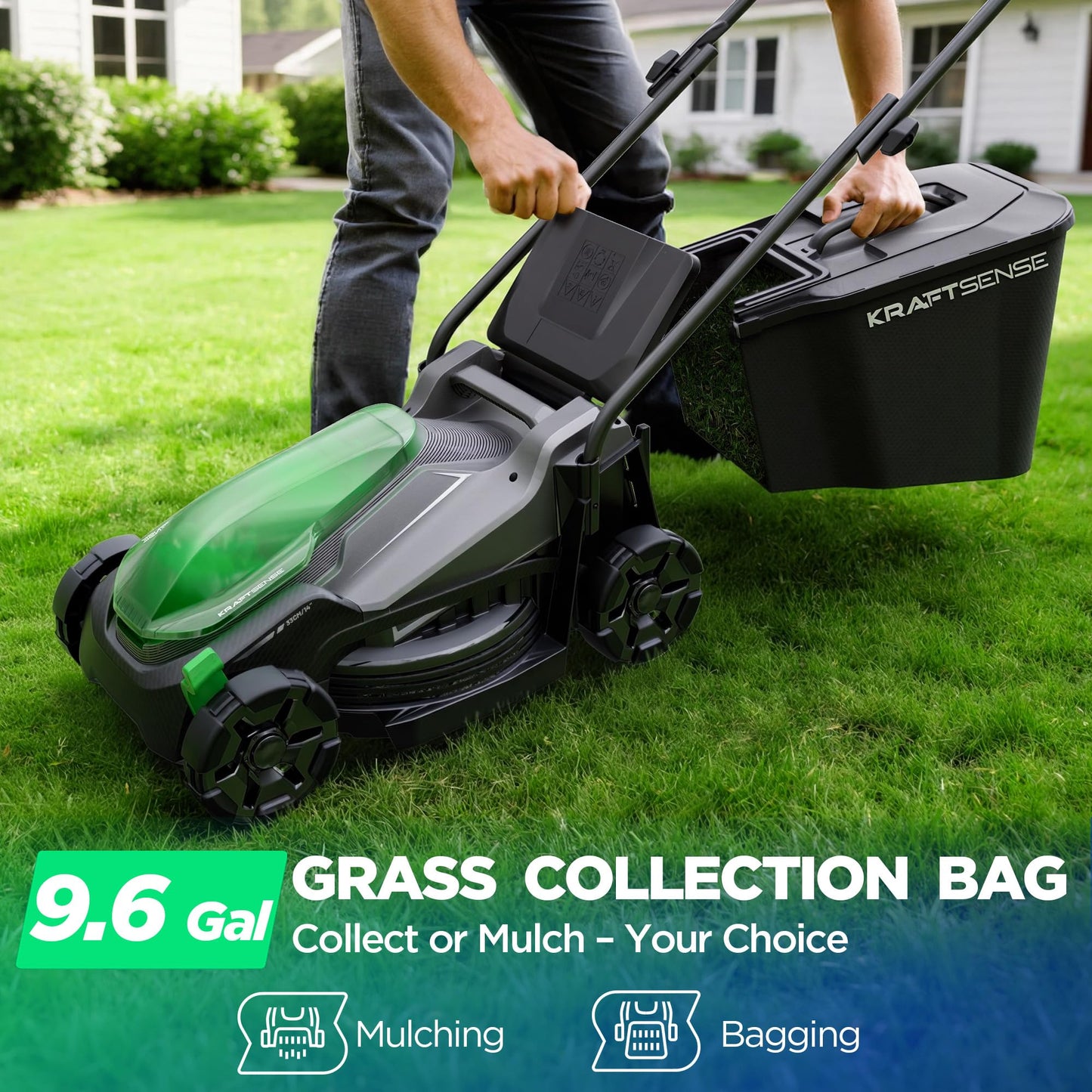 Kraftsense 14" Cordless Lawn Mower, 20V Lightweight Push Mower with 5.0Ah Battery, Ultra-Quiet Motor for Small Yards, Lawn Care, Backyard Maintenance