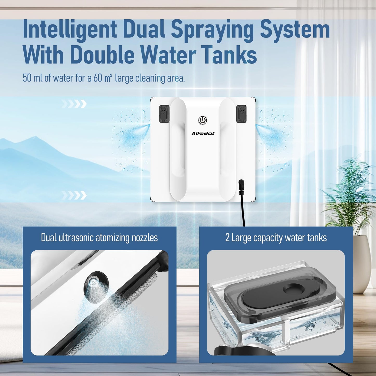 AlfaBot Window Cleaning Robot, Dual Water Spray,Intelligent Path Planning,6000Pa Suction Power, Wet/Dry Cleaning, Edge Detection Technology for High-Rise Window, Glass, Door, Mirror, Marble Wall