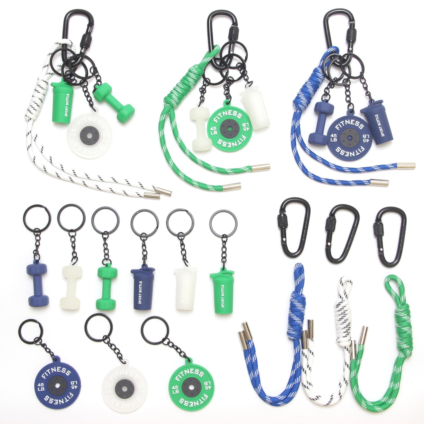 HEYTRCO 15PCS Fitness Rings Keychain Set, Dumbbell Kettlebell Water Bottle Charms with D-Shaped Clips, Gym Key Chains Accessories for Bags & Keys (Blue Green Translucent)