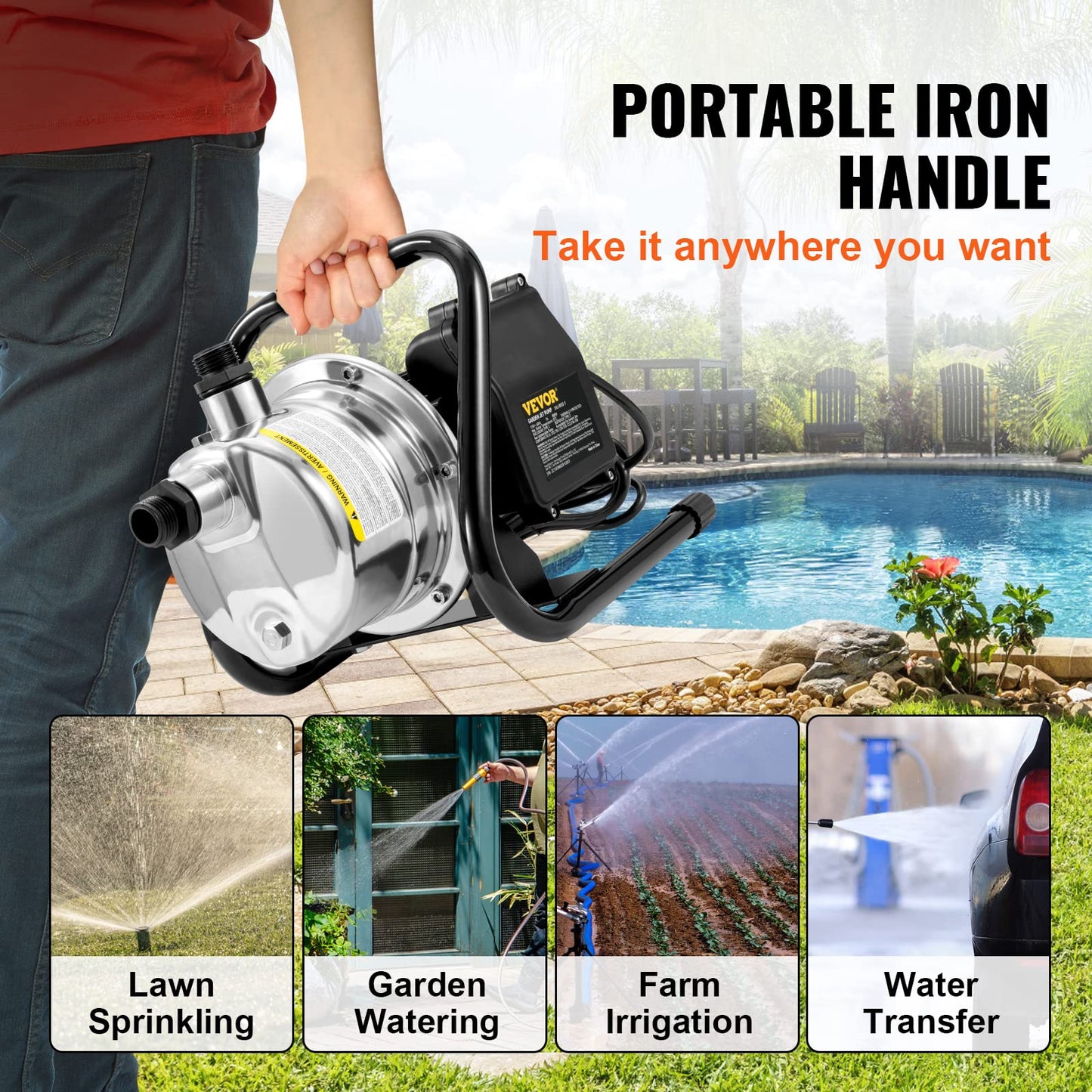 VEVOR Shallow Well Pump,Garden Jet Pump, 1.5 HP 115V, 1200 GPH 164 ft Height, Stainless Steel Sprinkler Booster Jet Pumps for Garden Lawn Irrigation system, Lake Fountain, Water Transfer