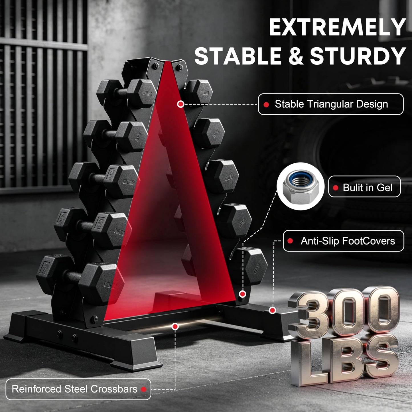 JDGG A-Frame Dumbbell Rack Stand Only, 5 Tier Steel Weight Rack for Home Gym, 300LBS Weight Capacity Compact Dumbbell Holder with Rubber Inserts, Space-Saving Gym Storage Organize