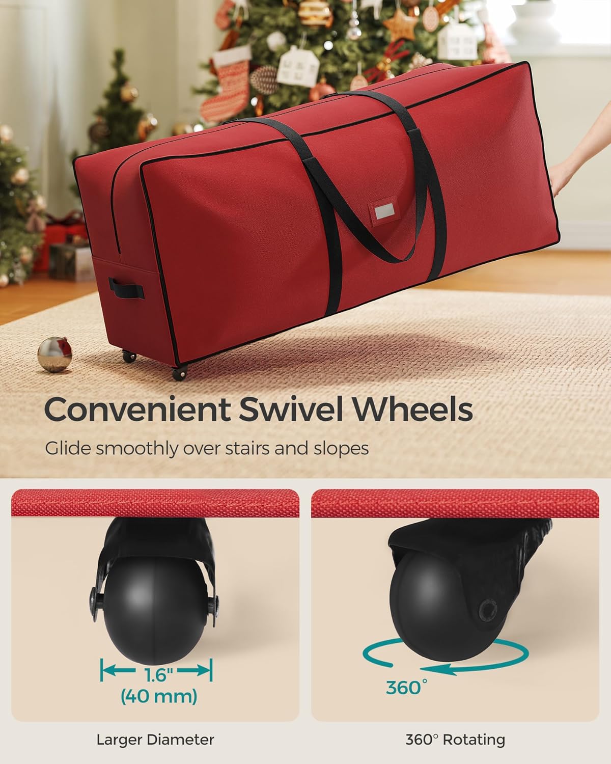SONGMICS Christmas Tree Storage Bag - Rolling Design with 1.6-Inch Wheels, Fits Up to 7.5 ft Trees, Cherry Red