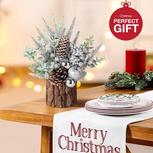 Hatisan Small Christmas Tree - Artificial Pine Cone & Berry Decor | Tabletop Holiday Decoration (Silver Round)