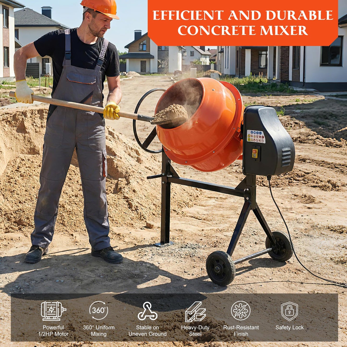 PulSpeed 5 Cubic Ft Concrete Cement Mixer with Wheel and Stand,Electric ConcreteMixer 0.75 HP 550W Adjustable Tilt, Portable Heavy Concrete Mud Mixer Toolsfor Mortar Stucco Seeds and Fodder