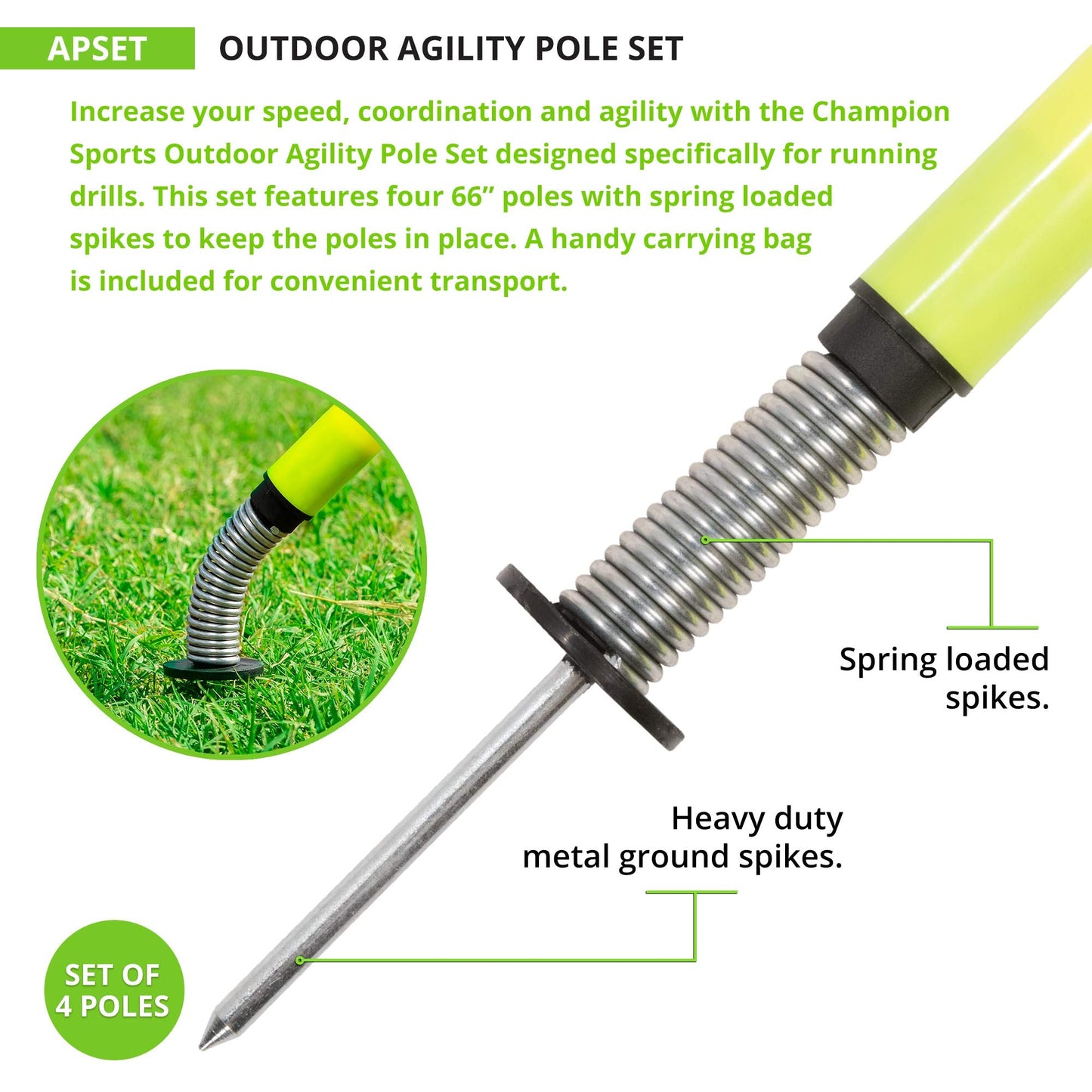 Champion Sports Outdoor Sports Agility Pole Set, 4 Rubber Bases with 12 PVC Poles, 66 Inches, Yellow