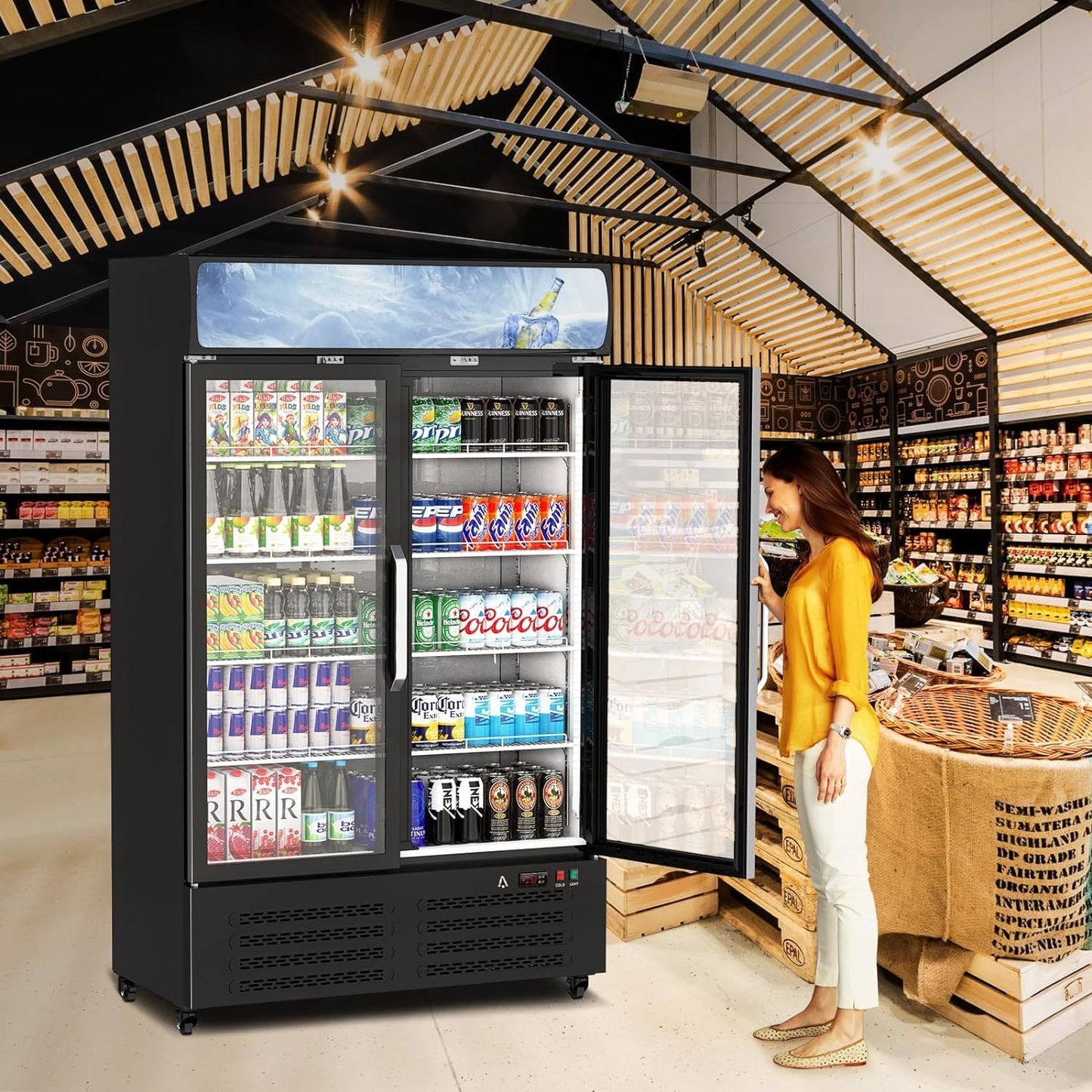ACONEE Commercial Merchandiser Refrigerator, 25.3 cu ft Capacity Glass Door Upright Display Fridge, Commercial Display Refrigerators with LED Top Panel, Display Refrigerator Drink Cooler Case for Shop