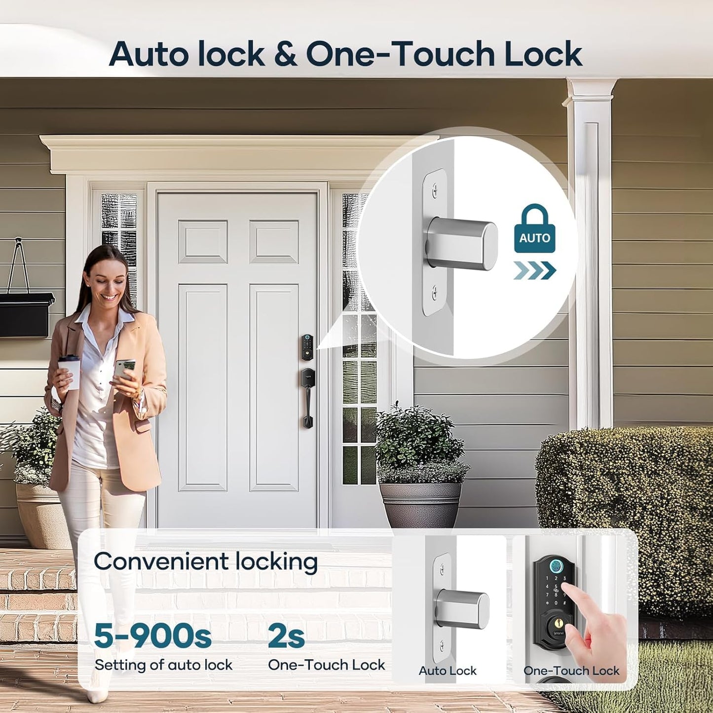 Smart Lock Front Door, SMONET Keyless Entry Door Lock with Handle, Smart Front Door Lock Set Fingerprint Smart Deadbolt Bluetooth Electronic Digital Keypad Lock, Auto Lock Work with Alexa, Black
