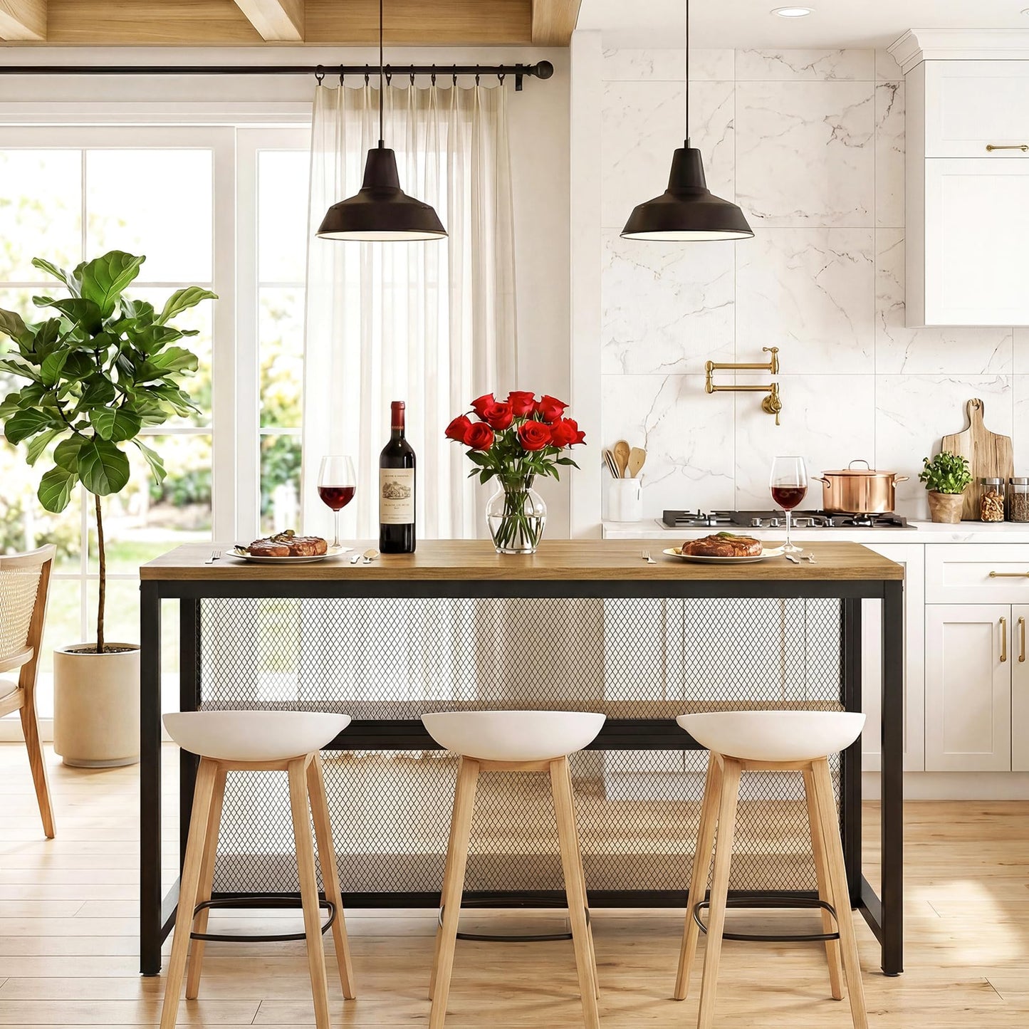 Tribesigns 63" Kitchen Island, Industrial Bar Table with Storage Shelves & Seating, Modern Farmhouse High Top Kitchen Dining Table with Metal Frame for Kitchen, Dining Room, Living Room, Bistro