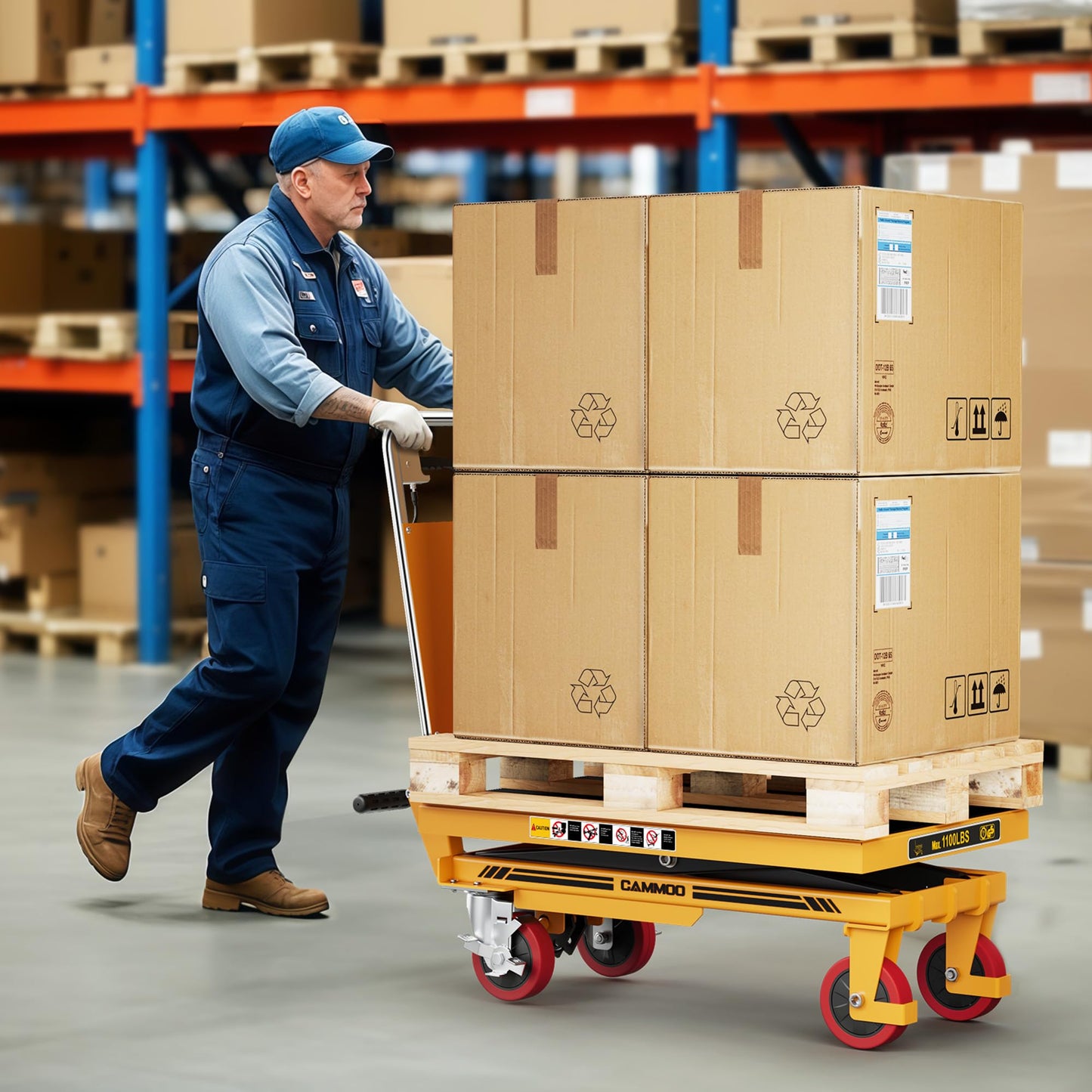 Hydraulic Lift Table Cart, 1100lbs Capacity, 34.7" Lifting Height, Single Scissor Lift with Non-Slip Pad & Safety Guard Foldable Handle for Material Handling and Transportation, Yellow
