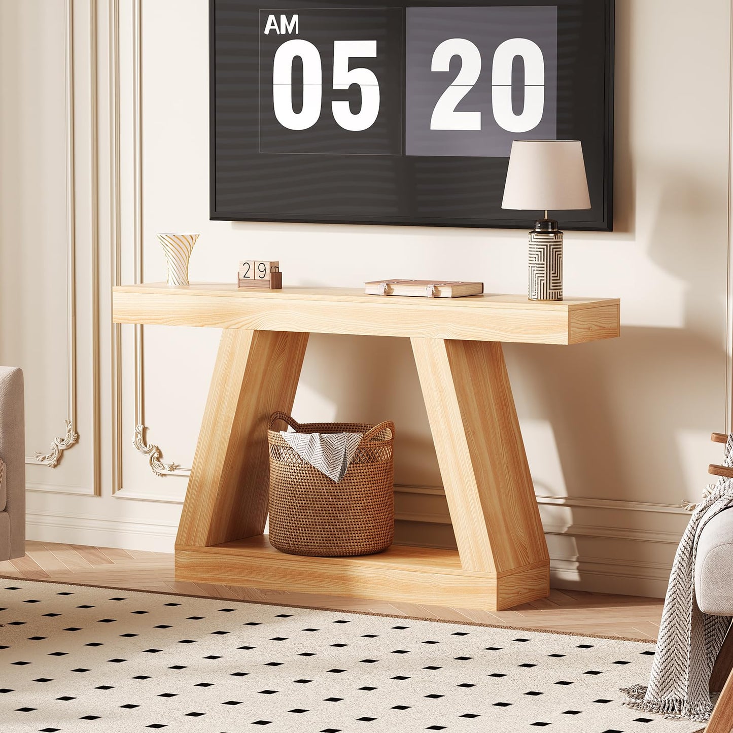 GarveeHome Farmhouse Console Table, 2-Tier Wooden Trapezium Sofa Table with Open Storage Shelf, Industrial Entryway Furniture for Entrance, Hallway, Living Room(55.1''x11.8''x31.5''), Natural