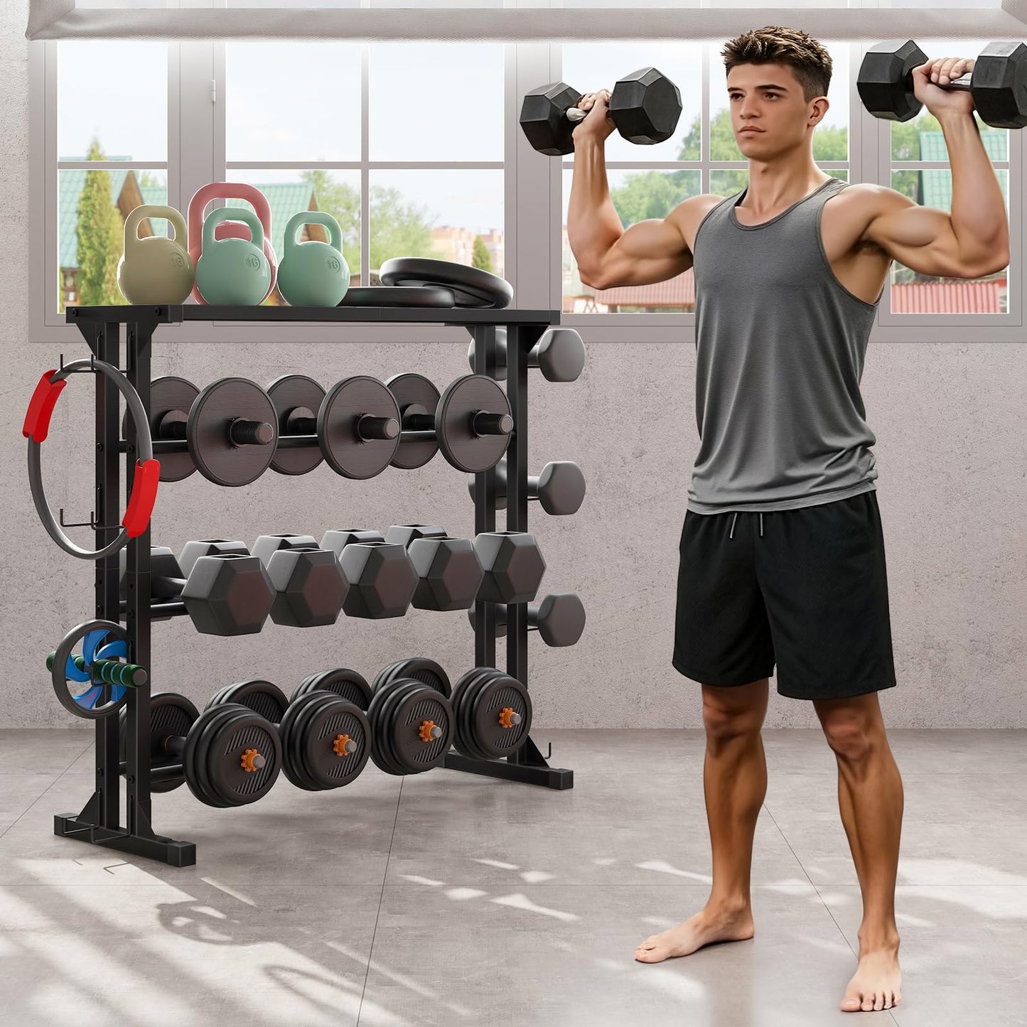 HOOBRO Dumbbell Rack - 4 Tiers Weight Rack for Home Gym, Heavy Duty Weight Storage Racks for Dumbells, Kettlebells, Barbells, Space-Saving Dumbbell Storage Stand Holder with Side Hooks, Black BK87CJ01N1
