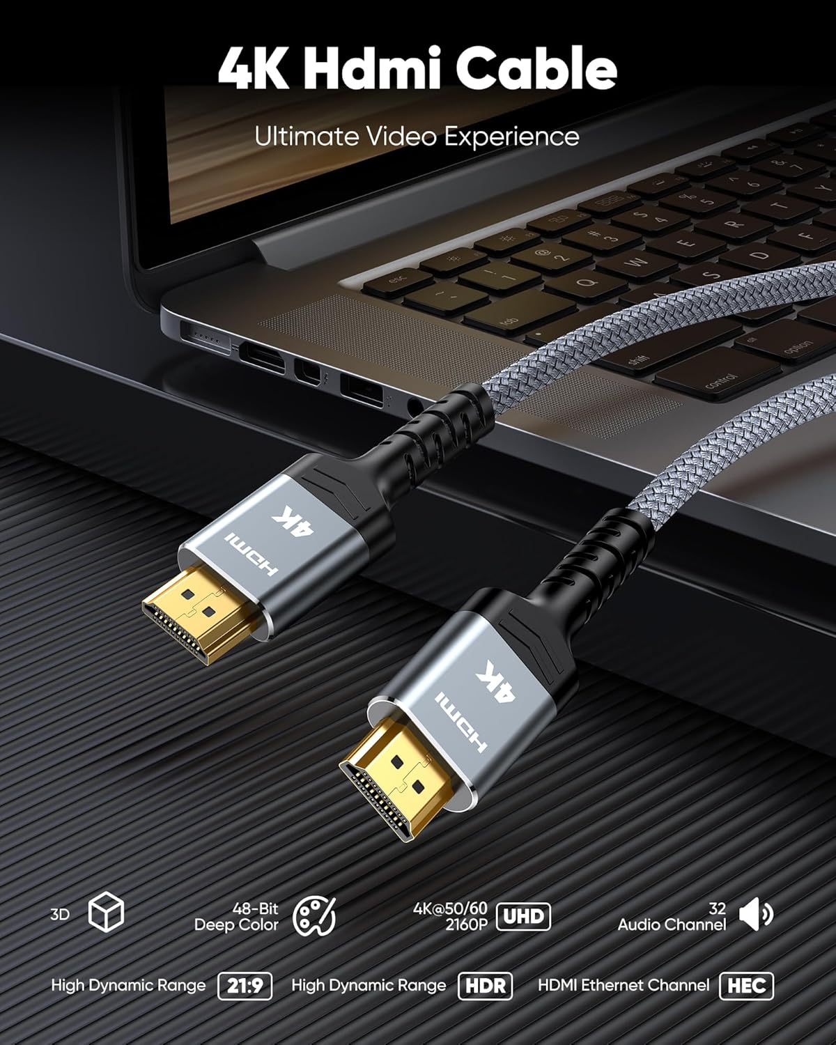 4K 3.3FT/1m 4K@60Hz 2.0 18Gbps 3D, 2.2, PS-5/4/3/4K Highwings HDMI Cable HDR Braided HDMI Cord, High Speed