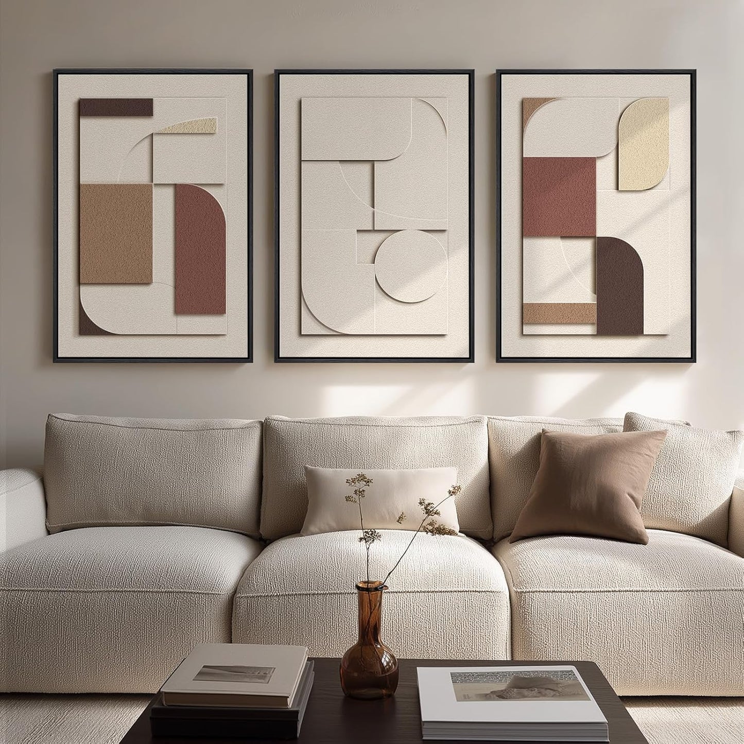 Skiennix 3D Textured Framed Wall Art - Beige Brown Geometric Paintings | Modern Minimalist 20x30 In