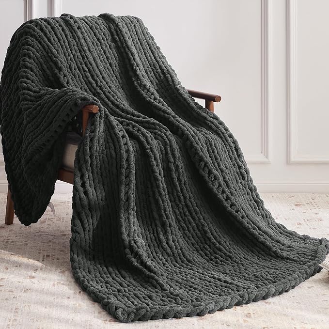 Negwoo Chunky Knit Throw Blanket, 80''*90'' Knitted Throw Chenille Yarn for Bed Couch, Handmade Dark Grey Crochet Big Thick Blanket, Machine Washable Cute Comfy Blanket for Home Decor