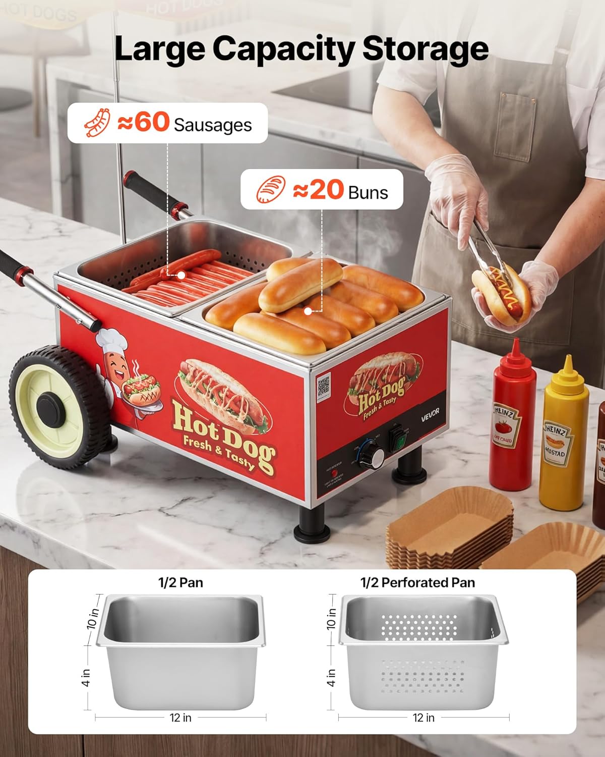 VEVOR Hot Dog Steamer Cart - 1200W Electric Stainless Steel Machine with Adjustable Temp & Umbrella