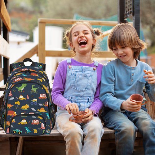 HUXINO Dinosaur Backpack for Kids 5-12, Boys Girls School, Bookbag with Dino & Vehicle Patterns, Lightweight Water Resistant Travel Backpack for Elementary Students