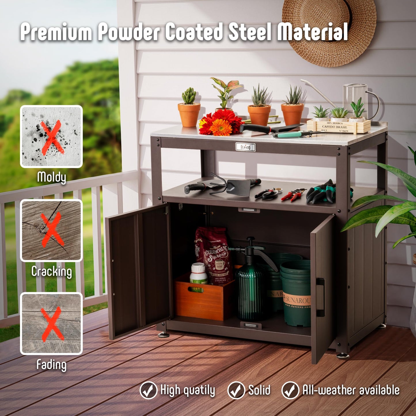 Feasto Outdoor Potting Bench with Storage, Stainless Steel Tabletop Garden Work Bench with Storage Cabinet & Removable Inner Shelf for Patio Lawn Outdoor Gardening