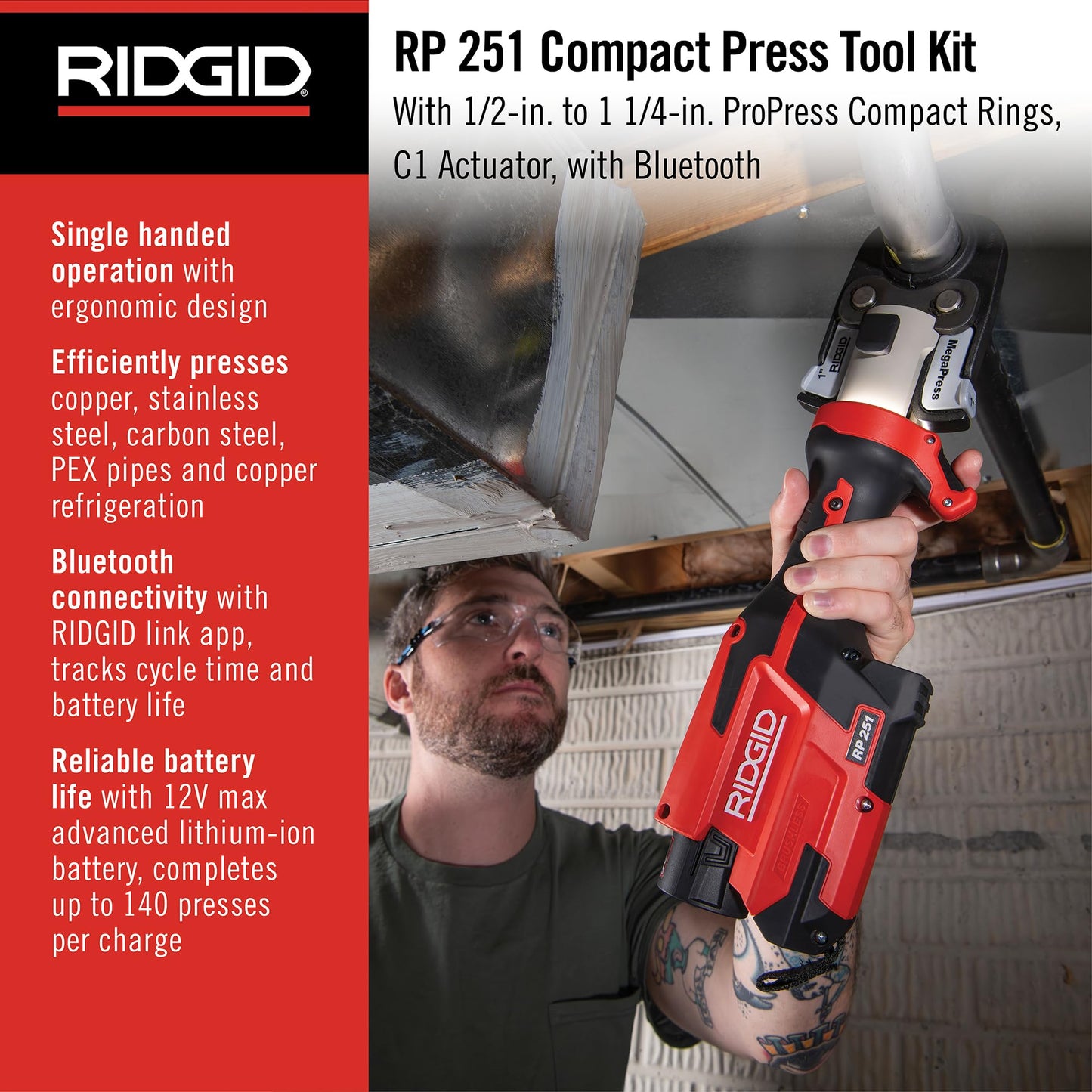 RIDGID 78198 RP 251 Compact Press Tool Battery Kit with ProPress Rings (1/2" to 1-1/4") and C1 Actuator, In-Line Pressing Tool for Copper, Stainless Steel, PEX, and Carbon Steel